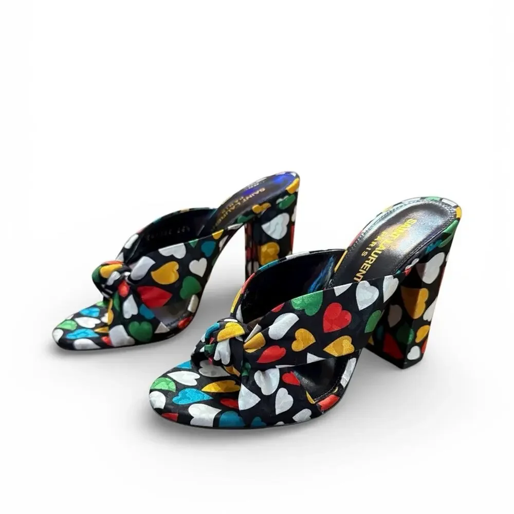Saint Laurent Bianca 100 Black Heart Knotted Mule Sandals Block Heel 36.5 US 6.5 - Picture 2 of 14